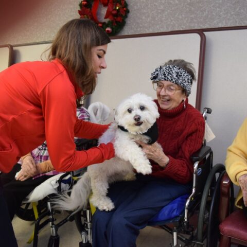 Elderly resident enjoying a visit from a dog, during the Healing Power of Pets event