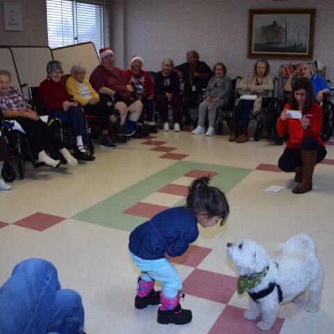 Elderly resident enjoying a visit from a dog, during the Healing Power of Pets event